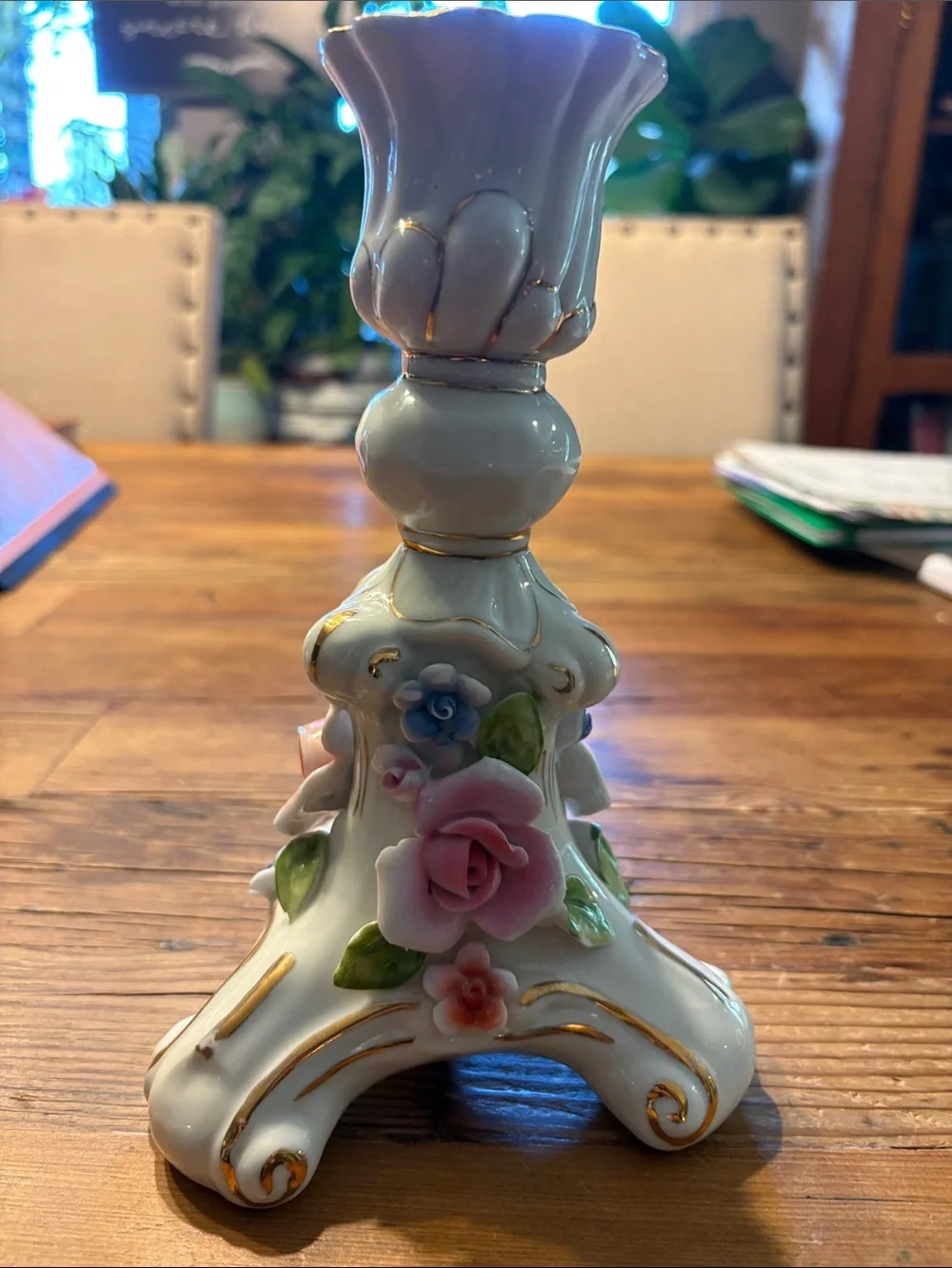 Limoges White Porcelain Candlestick with Pink Rose Accents